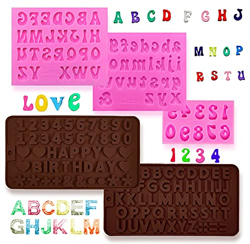 5 Piezas Letra y Número Moldes Fondant, VEINARDYL 0-9 Número Letra A-Z Alfabeto Hecho a mano Silicona Caramelo Moldes de Chocolate Moldes para Hornear Decoraciones para tartas de cumpleaños Símbolos