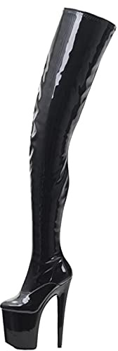 20CM Tacchi Alti Sexy da Donna con Punta a Punta Stivali sopra Il Ginocchio in Vernice Nera Stripper Party Club Pole Dancing Stivali Alti alla Coscia Scarpe di Grandi Dimensioni,Nero,41 EU