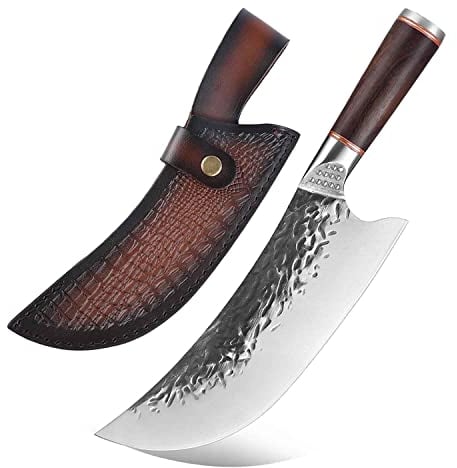 Das etwas andere Messer, Manganstahl Geschmiedet Gebogen Scharf. Hackebeil, Metzgermesser und auch Universalmesser Full Tang Butcher Knife mit Ledertasche