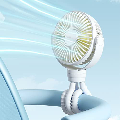 JISULIFE Mini Ventilador de Cochecito con Clip para Bebé, 4000mAh Ventilador Portátil Accionado por Batería o Recargable por USB con 4 Velocidades, Giratorio 360° - Blanco