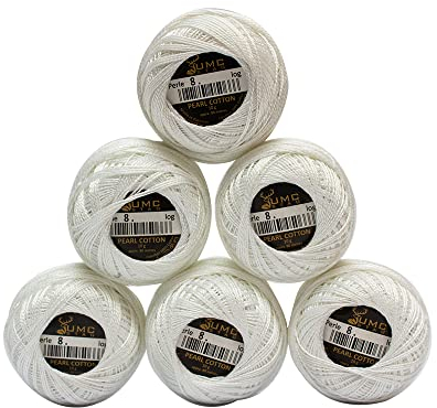 UMC STAG 6 Knäuel weiß/ecru Farbe Premium Perlgarn Baumwolle Stickgarn Größe 8 | 100% ägyptische Baumwolle Häkelgarn | Kreuzstich-Stickgarn | Oeko TEX zertifiziert | 10 Gramm pro Knäuel (weiß)