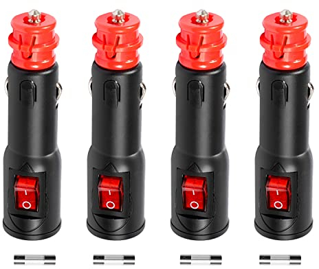 Hoembpn 4 Stück Zigarettenanzünder Stecker mit Schalter und 10A Sicherung, Europäischer Universal Sicherheits KFZ Zigarettenanzünder Stecker für 12V/24V Fahrzeuge