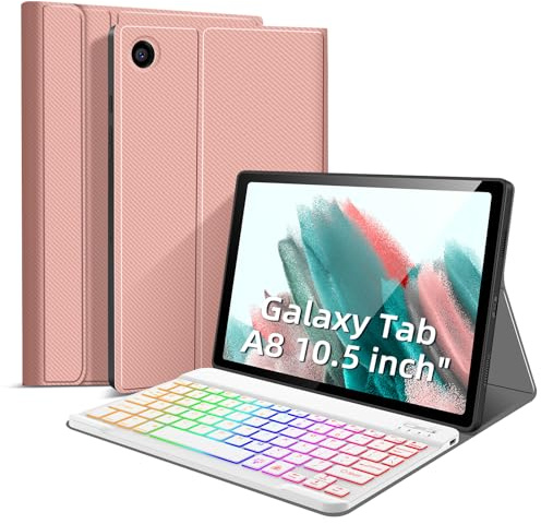WERNURPAI Samsung Galaxy Tab A8 10.5 inch 7 Color Backlit Keyboard Case 2022, Case with 5G Wireless Magnetic Detachable Keyboard for Galaxy Tab A8 10.5 SM-X200/X205/X207, Rose Gold