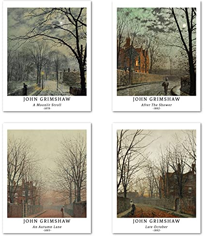 Kunstdruck Ungerahmt Klassische Landschaft Bilder Set von 4, Poster Größe: 20x25 cm Premium Kunstpapier Wanddeko Vintage Beige Künstlerisch Abbildung ländliche Passenden BüroDeko John Grimshaw Print