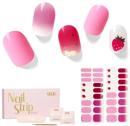 NAILOG Semi Cured Gel Nail Strips, 34 pcs Salon-Quality Gel Nail Stickers, Long Lasting Nail Wraps for Women with Soft Gel Finish, Strawberry Love
