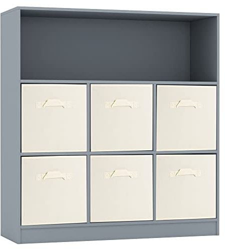 URBNLIVING Wooden Wide 7 Cubed Cupboard Bookcase Storage Units Shelves 6 Drawers Baskets (White Drawer, Grey Bookcase)