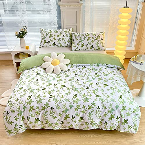 YASMENG Bettwäsche 200x200 Grün Blätter Motiv Bettbezug Set Kuschelig Weich Mikrofaser Bettwäsche Weiß Grün Modern Aesthetic Wendebettwäsche Set 3 Teilig mit Reißverschluss und 2 Kissenbezüge 80x80 cm