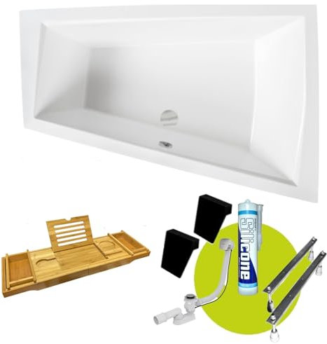 ECOLAM Baignoire trapézoïdale pour deux Intima Duo 180x125 cm | version droite | 2x appuie-tête noir | Planche en Bambou | siphon Alcaplast + Pieds + silicone