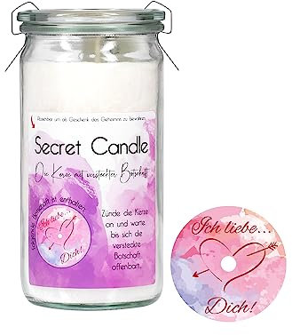 Candle Factory Secret Candle Duftkerzen mit einer versteckten Botschaft, ca. 70h Brennzeit, Duft: w.Pfirsich - Rosenblüte, Botschaft: Ich liebe dich