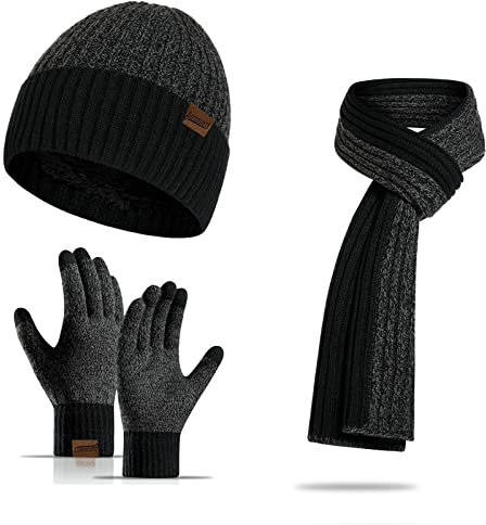 Mütze Schal und Touchscreen Handschuhe Set Wintermütze Thermohandschuhe Schal für Herren 3 STÜCKE Strickmütze Unisex Hüte für Damen Winter Accessoires für Herren Damen 2 Farbton Schwarz und Grau
