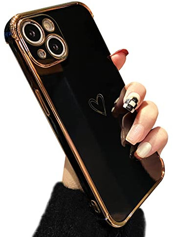 ZTOFERA Hülle Kompatibel mit iPhone 15, Mädchen Weiche Silikon Handyhülle Schutzhülle mit Herz Muster Goldener Rand Stoßfest Bumper Cover, Schwarz