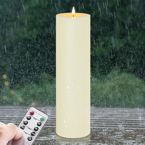 Zevanor 10CM x 35CM Flameless Waterproof Remote LED Candles, Timer Battery Operated Flickering Large Plastic Ivory Outdoor Candles (Long Lasting 420 Hours, Pack of 1)