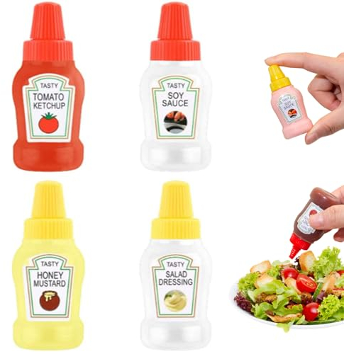 Hilai Mini Sauce Flasche, 4pcs 25ml Squeeze, Etiketten, Nachfüllbar, Leckdicht, Tragbar, Gewürzbehälter oder Lunchbox, Arbeit, Schule, Picknick