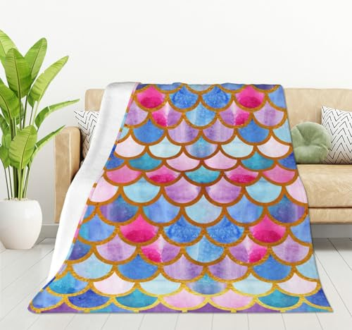 HGOD DESIGNS Meerjungfrauen-Schuppen-Decke, Aquarell, Fischschuppen, Dekor-Decken, weich, warm, Überwurf für Frauen, Geburtstag, Zuhause, Wohnzimmer, Dekoration, 130 x 150 cm