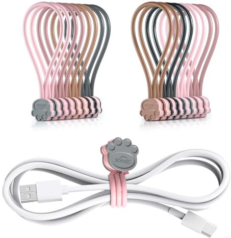 SOOOEC Magnetic Reusable Silicone Cable Ties, 16 Pack Mixed Double Face Color 7.2, Magnetic Cord Ties Cute Cat's Paw Design, Silicone Twist Ties with Strong Magnet for Cord Organizer