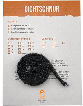 Ofendichtschnur Selbstklebend Flach 8x2 mm x 3 Meter, Ofen-Dichtungsband für Kaminofen, hitzebeständig bis 500 °C, Glasgewebe, Abdichtung für Kamine & Öfen, reißfest