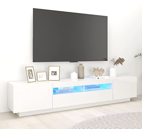 Canditree Meuble TV Moderne avec Lumières LED Banc TV Support de Télé avec Espace de Rangement 200 cm (Blanc Brillant)