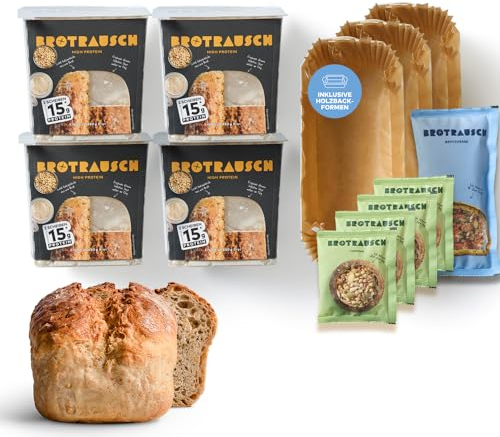 Brotrausch Eiweißbrot | 4x 400g Brotbackmischungen inkl. Backform, Teigzugabe und Topping, Brotbackmischung aus natürlichen Zutaten, vegan, Proteinbrot, Einweißbrot, High Protein Brot, Superfood