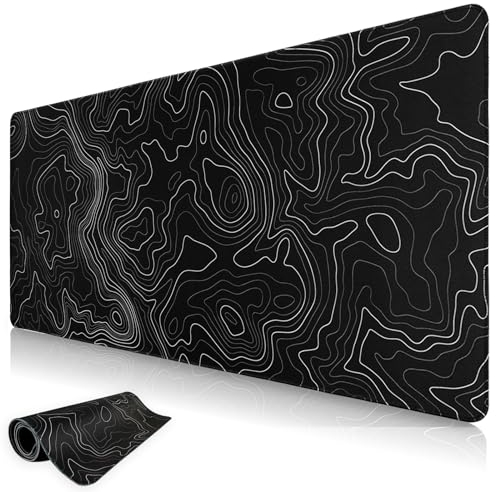 Niviy Tappetino Mouse XXL,800x350mm Grande Tappetino Mouse Gaming,Tappetino Scrivania con Base in Gomma Antiscivolo, Mouse Pad per Ufficio, Casa, Gaming (Nero Topografico)