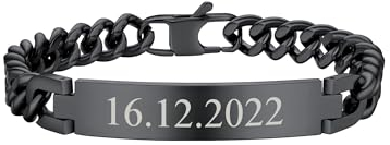 PROSTEEL Personalisiert Gravur ID Armband Identarmband 19cm lang Armkette schwarz Metall plattiert Herren 9mm breit Schildarmband Partnerarmband Panzerkette (schwarz)