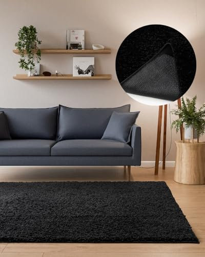 Interiyou Hochflor Teppich Sofia - 200x250 cm Schwarz - flauschig und einfarbig - waschbar und rutschfest - weicher Langflor