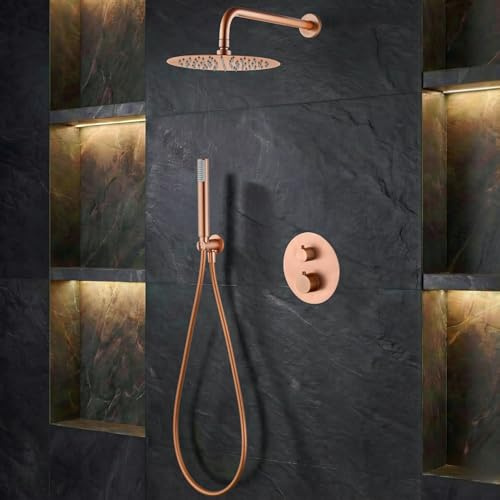 IMEX - Colonne de Douche Encastrée Thermostatique Salle de Bain | Colonne Douche Encastrable Laiton Or Rosse | Pommeau Douche Anti Calcaire en Acier Inoxydable S.304 | Série Genova