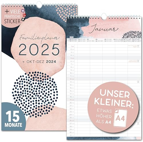 Kleiner Familienkalender 2025 5 Spalten PASTELL 19,5 x 32,5cm Familienplaner 2025 und Okt-Dez 2024 Wandkalender Wandplaner 2025 STICKER Recycling Urlaub, Pflanzkalender Aquarell Schön Deko Boho Style