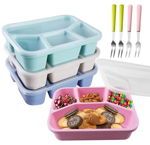 WIYETY Bento Lunchbox 4 Stück Brotdose mit Fächern mit 4 Gabel, Snackteller mit Fächern für Frühstück mit Transparentem Deckel für Verwendung in Küche, Picknick, Schule