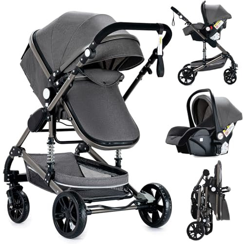 Nine point nine Kinderwagen 3 in 1, Kinderwagen Set mit Umkehrbarem Doppelschiebemodus, Kombikinderwagen 3 in 1 mit Großer Bequemer Babywanne, Rahmen Aluminiumlegierung (739 Grey)