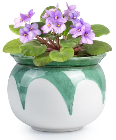 African Violet Pots, 6 inch Ceramic Easy Self Watering Plant Pot for Busy Plant Lovers, Automatically Absorb Appropriate Amount of Water, Flower Pot Indoor-Plants Not Included(Green)