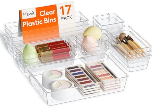 Lifewit 17 Stücke Schubladen Organizer mit 4 Größen, Schminktisch Ordnungssystem, Klar Kunststoff Makeup/Badezimmer/Drawer Box, Schreibtisch Tabletts für Küchen, Schmuck, Schlafzimmer, Büro
