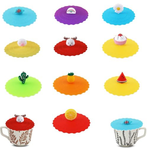 YQBFTC 10 Stück Silikondeckel für Gläser,Silikon Glasabdeckung Trinkglas 10 cm,Anti Staub Trinkglas Deckel with Obst Tierform,Auslaufsicherer Becher Deckel für Kaffee Bierkrug Trinkgläser Weinglas