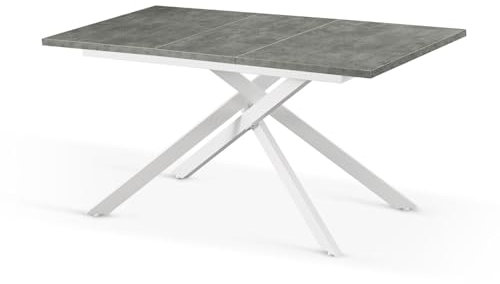 B&D home Esstisch BEA, ausziehbar 120-160 x 80 cm, 4-6 Personen Küchentisch Holztisch mit Kreuzgestell weiß für Küche, Esszimmer, Industrial modern Design, Beton Optik, 11202-XW-BETO-P