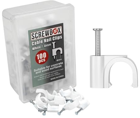 SCREWBOX® Cable Nail Clips, 4 mm 100 Pcs Nail-In Clips, Strong Durable White Round Cable Tacks, Wall Wire Tidy Holder Pins, for wood | concrete | plasterboard