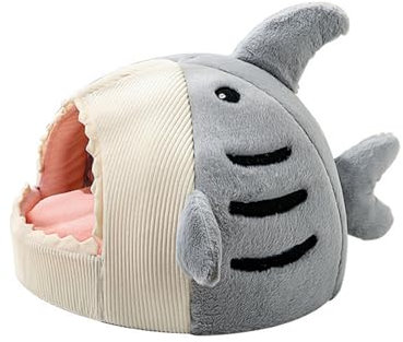TSQZE Haifisch Katzenbett, Plüsch Katzenhaus Indoor Mit Abnehmbarem Katzenkissen, Waschbar Haustierzelt Mit Anti-Rutsch, Katzenschlafplatz Für Katzen Oder Kleine Hunde (Grau,M)