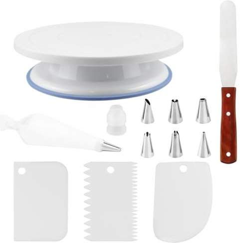 Plato giratorio para tartas – Soporte con 7 boquillas, espátula, bolsa de manga y raspador, placa giratoria para cocinar y decorar