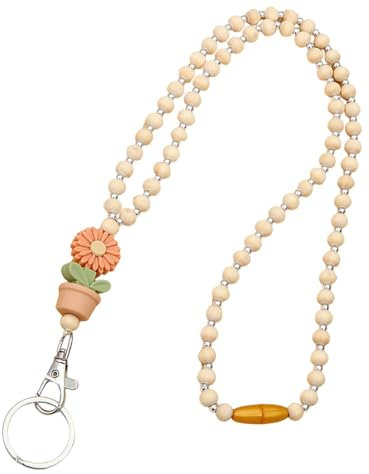 Boho Flower Lanyard with ID Holder | Wood Bead Teacher Lanyard for Keys | Adorable Fashion Accessory for Women and Students | Perfect for ID Badges and Keys