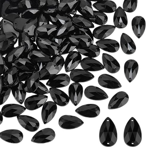 GOMAKERER 100 Stück Schwarze Strasssteine Zum Aufnähen, 16x10x4mm Kristall Acrylsteine In Tropfenform Acryl Aufnähsteine Flache Rückseite Glas Strasssteine Mit 2 Loch Für Kleid Kleidung Schuhe Tasche