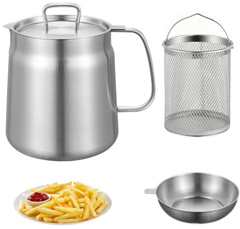2 L Marmite, Mini Friteuse, Marmite avec Tamis, Marmite à Huile Multifonctionnelle en Acier Inoxydable 304, Récipient à Huile avec Tamis pour la Cuisine
