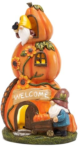 TERESA'S COLLECTIONS Herbstdeko Draußen Wichtel, Kürbishaus Solar 17cm | Herbst Figuren Zwerge, Feenhaus Outdoor,Gartendeko Kunstharz Wetterfeste,Herbst Erntedank Geschenke