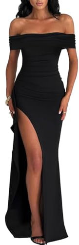 AOWVUTS Robe de Soirée Cocktail Longue Sexy Slim Bodycon Epaules Dénudées Fendue Maxi Femme Élégant Couleur Unie pour Mariage Party Bal Gala