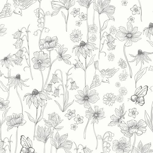 Fiula Peel and Stick Wallpaper Grey and White Floral Self Adhesive Wallpaper 44x300cm Sticky Back Plastic Roll Removable Waterproof Contact Paper for Living Room Bedroom Bird Bee Muster Wallpaper