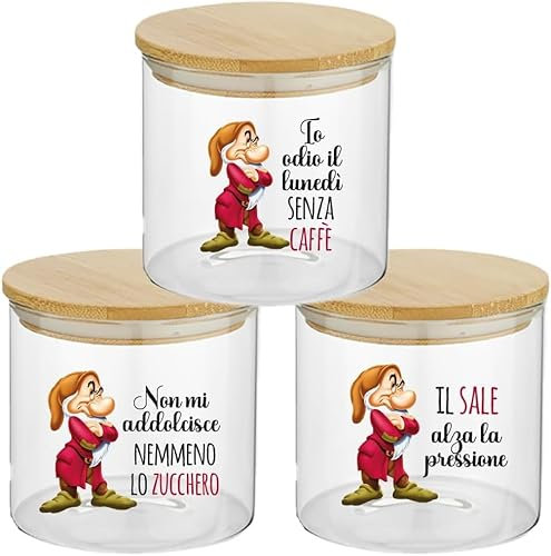 Generico ''Brontolo'' Set Tris Barattoli per Sale Caffè Zucchero Confezione da 3 Contenitori Trasparenti In Vetro Personalizzati Con Coperchio Legno 2 Idea Regalo Arredo Decorazioni Casa Cucina