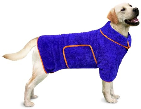 Hundebademantel Schnell Trocknend Badetuch aus Mikrofaser, Bibykivn Einstellbar Hundehandtuch mit Klettverschluss, Saugfähiger Hunde Bademantel mit Hut für Große Mittlere Hunde (Blau 1, L)