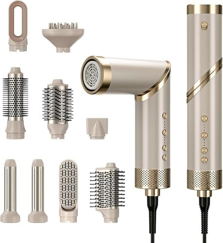 Airstyler 9 IN 1 Haartrockner mit Haarföhn Haarstyler, 110000 U/Min Ionen Föhn Haartrockner Warmluftbürste Set Mit 9 Aufsätze, zum Föhnen, Locken, Volumengeben, Glätten, Massieren, Gold