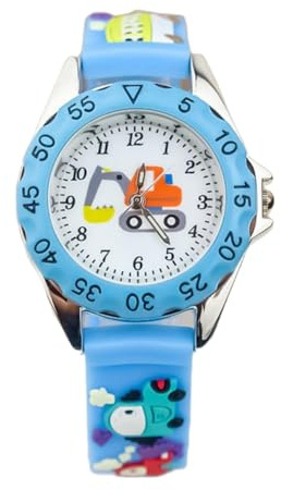 FOMIYES Kinder Armbanduhr Quarzuhr Cartoon 3D Bagger Motiv Hellblau Kinder Uhr Freizeit Junior