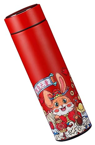 GLEAVI Borraccia Termica Acciaio Inossidabile con Display Temperatura Isolante Portatile Design Coniglio Anno del Coniglio Rosso Regalo Natale