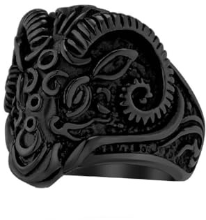 HIJONES Mens Stainless Steel Gothic Goat Ram Head Ring Band Bold Sheep Inspired Titanium Biker Knuckle Jewellery