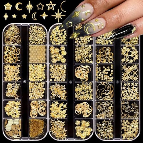 GZMAYUEN 3 Kisten Gold Nagel Charms, Goldene Mond/Stern Charms für Nägel, 3D Metall Nail Art Charms