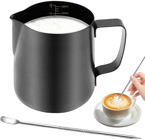 Tbintul 350ml/12oz jarra leche barista acero Inoxidable, dispositivo portátil lechera mit bolígrafo de arte latte & marca de medición, jarra cafe Ideal para espresso, capuchino,negro